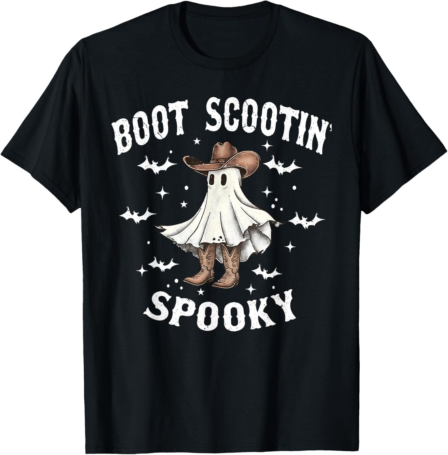Boot Scootin' Spooky Cowboy Western Ghost Groovy Halloween T-Shirt - T-Shirt | Black