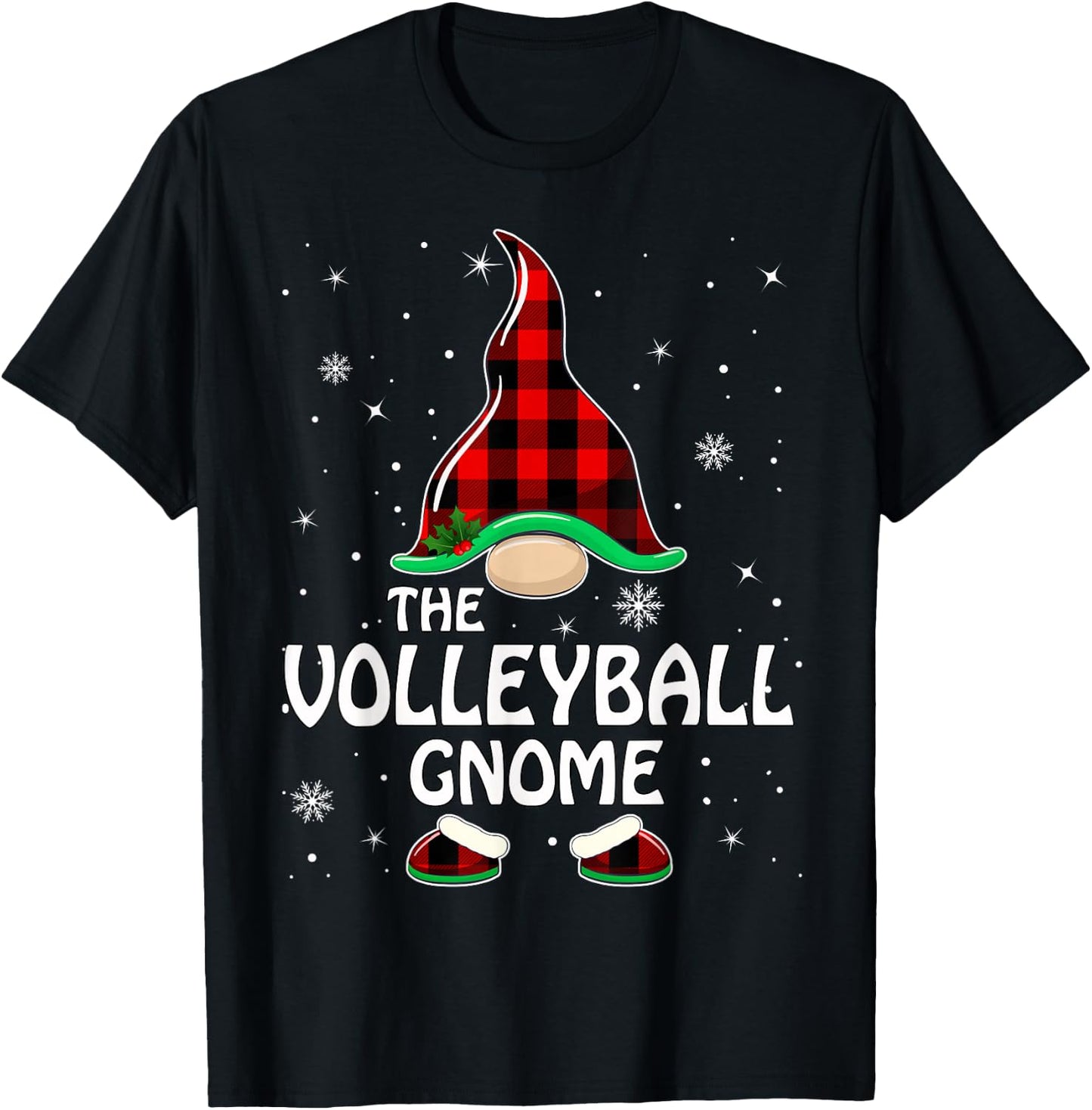 Volleyball Gnome Buffalo Plaid Matching Family Christmas T-Shirt - T-Shirt | Black