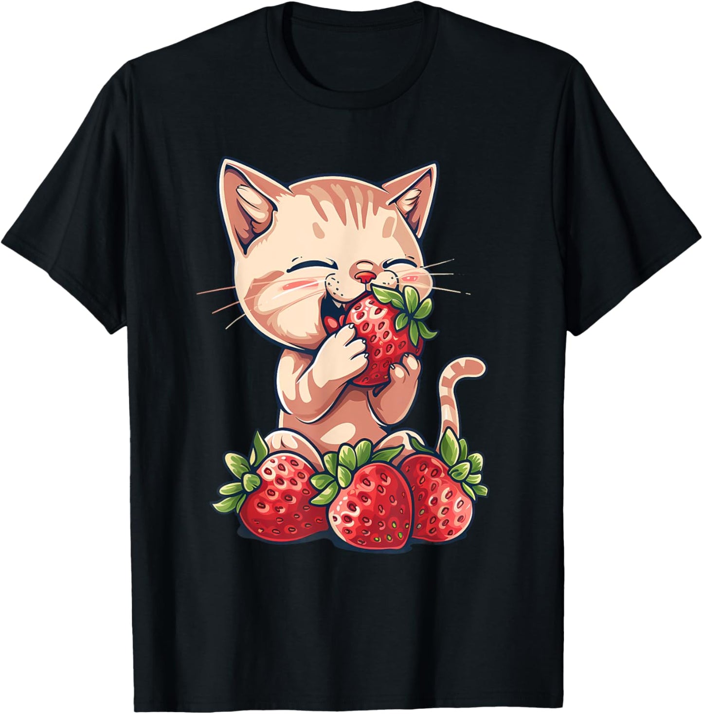 Strawberry Cat Watercolor Strawberry Fruit Cat Drawing Men Women Girls Kids T-Shirt - T-Shirt | Black