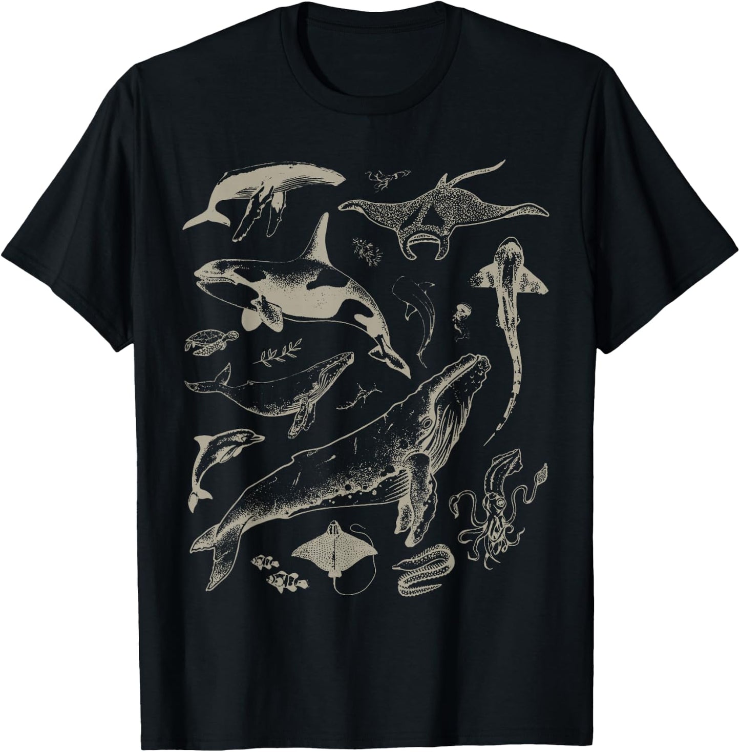 Retro Ocean Wildlife Shark Turtle Octopus Fish Animal Lover T-Shirt - T-Shirt | Black