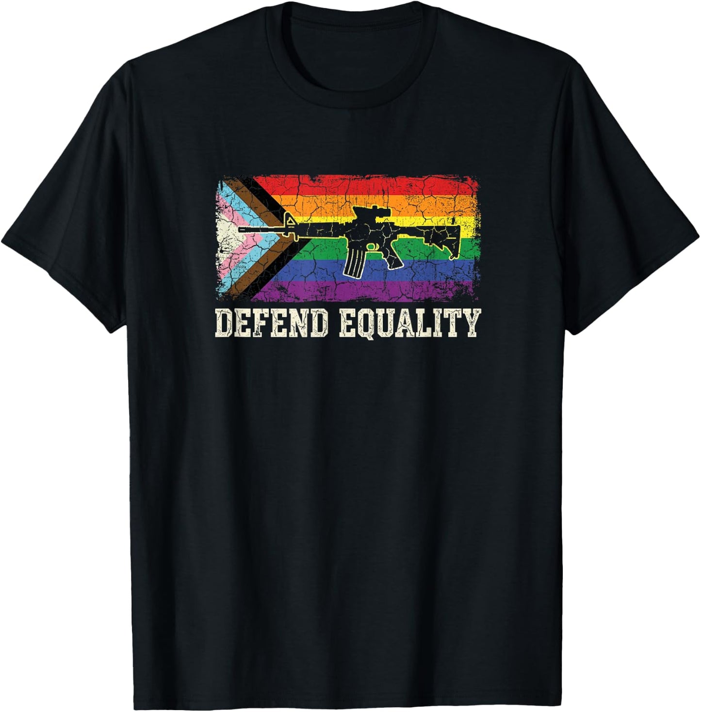 Defend Equality LGBTQ Progress Pride Rifle Grunge T-Shirt - T-Shirt | Black