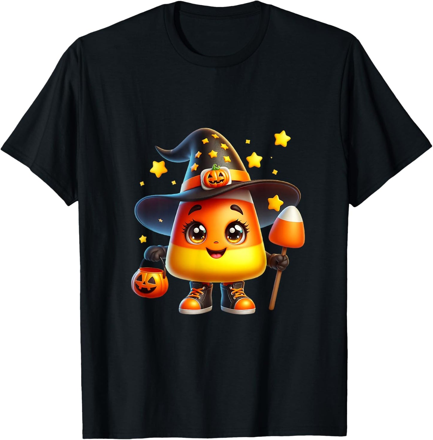 Cute Candy Corn Witch Halloween Costume Autumn Magic Stars T-Shirt - T-Shirt | Black