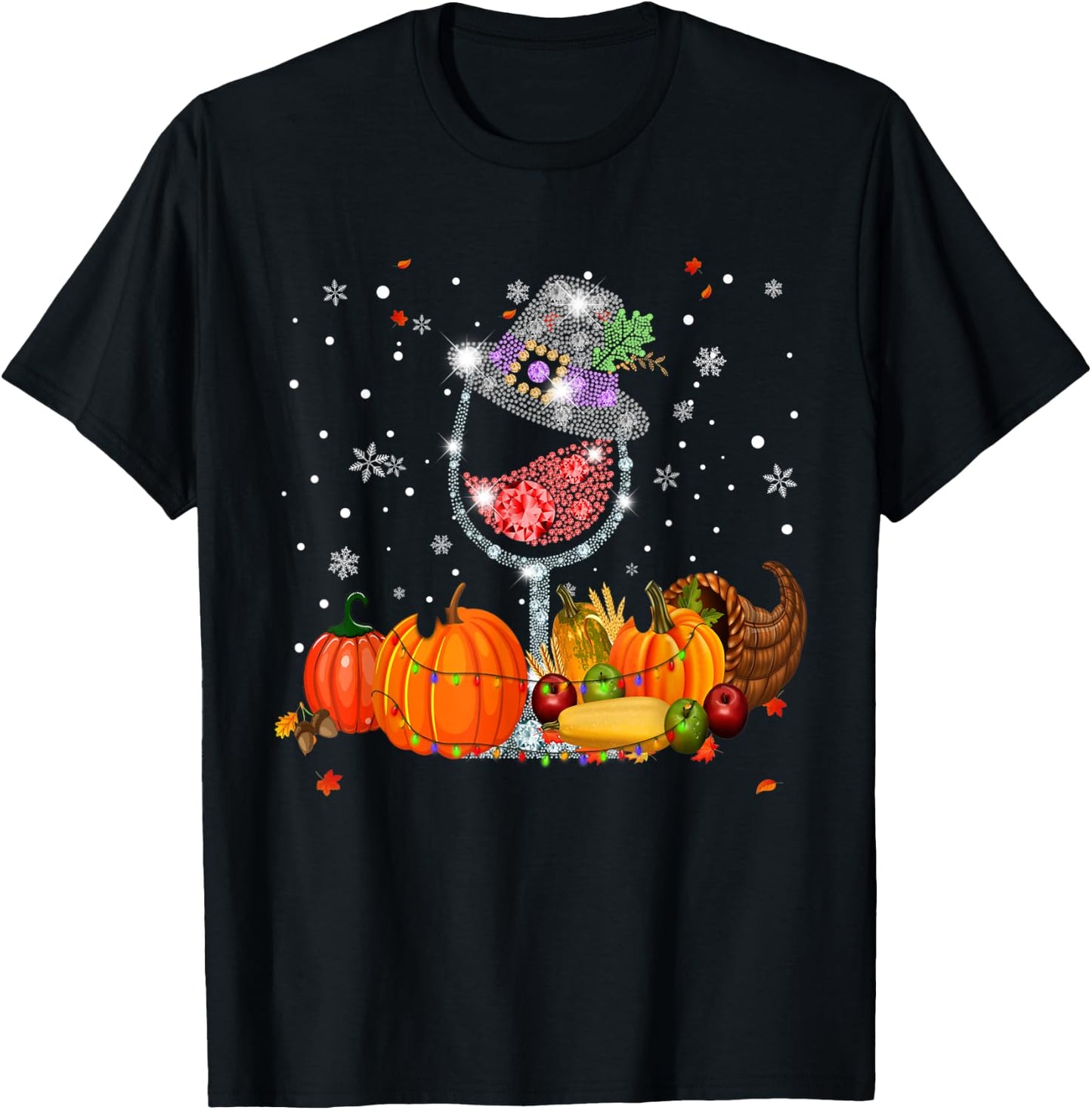 Glass of Wine Diamond Maple Leaf Autumn Fall T-Shirt - T-Shirt | Black
