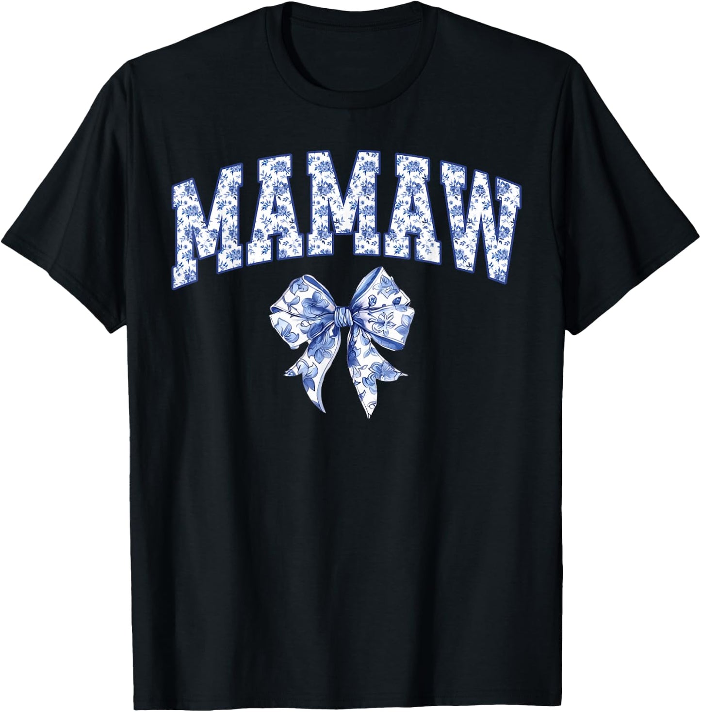 Mamaw Coquette Toile Blue Bow Floral Family Matching T-Shirt - T-Shirt | Black