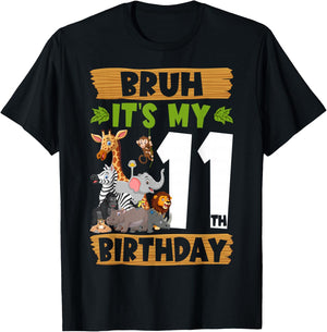 Bruh It's My 11th Birthday Animals Jungle Safari 11 Year Old T-Shirt - T-Shirt | Black