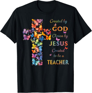 Created By God Called To Teach Butterfly Cross Christian T-Shirt - T-Shirt | Black