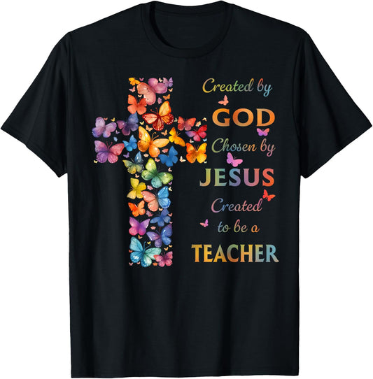 Created By God Called To Teach Butterfly Cross Christian T-Shirt - T-Shirt | Black