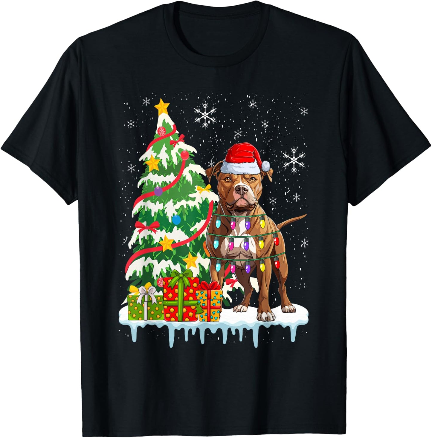 Pitbull Christmas Santa Pitbull Dog Lovers Christmas Tree T-Shirt - T-Shirt | Black