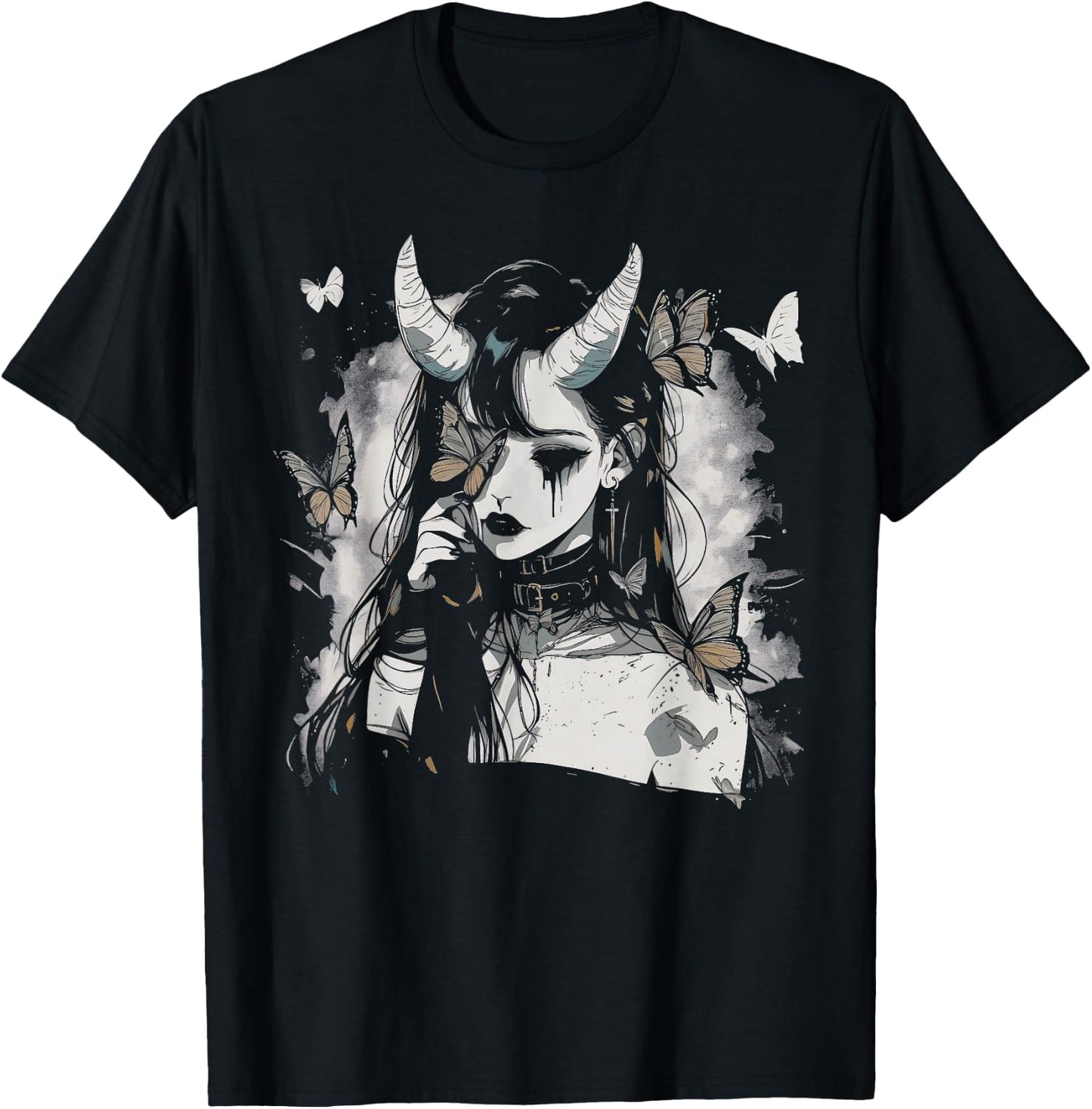 Butterfly Girl Sad Goth Anime Alt Alternative Art Aesthetic T-Shirt - T-Shirt | Black