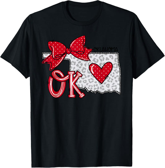 Oklahoma Heart State Map Women Girl Kids Coquette Bow T-Shirt - T-Shirt | Black
