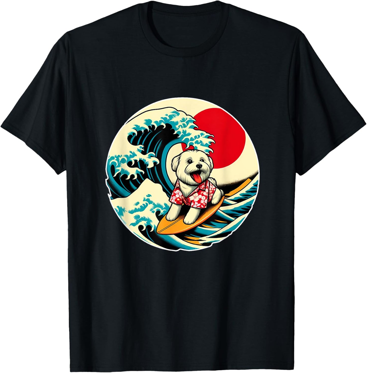 Great Wave Kanagawa Maltese dog Surfing Women Kids T-Shirt - T-Shirt | Black
