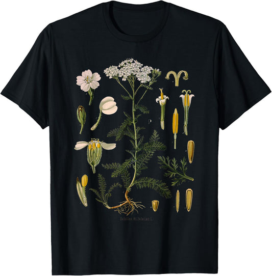 Yarrow Flower Vintage Floral Botanical Botany Illustration T-Shirt - T-Shirt | Black