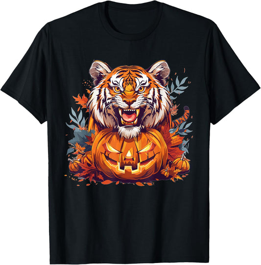 Cute Tiger With Pumpkin I Halloween T-Shirt - T-Shirt | Black