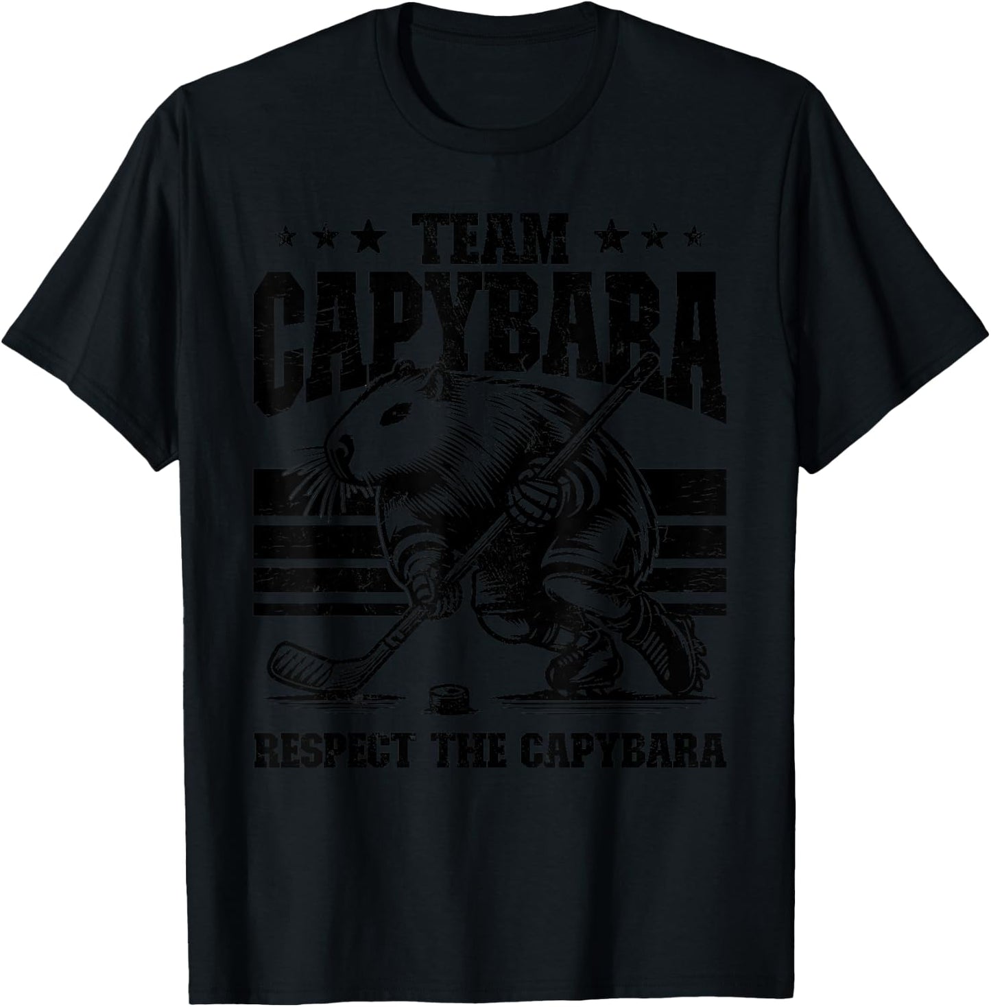 Team Capybara Hockey Funny Retro Capybara Playing Hockey T-Shirt - T-Shirt | Black