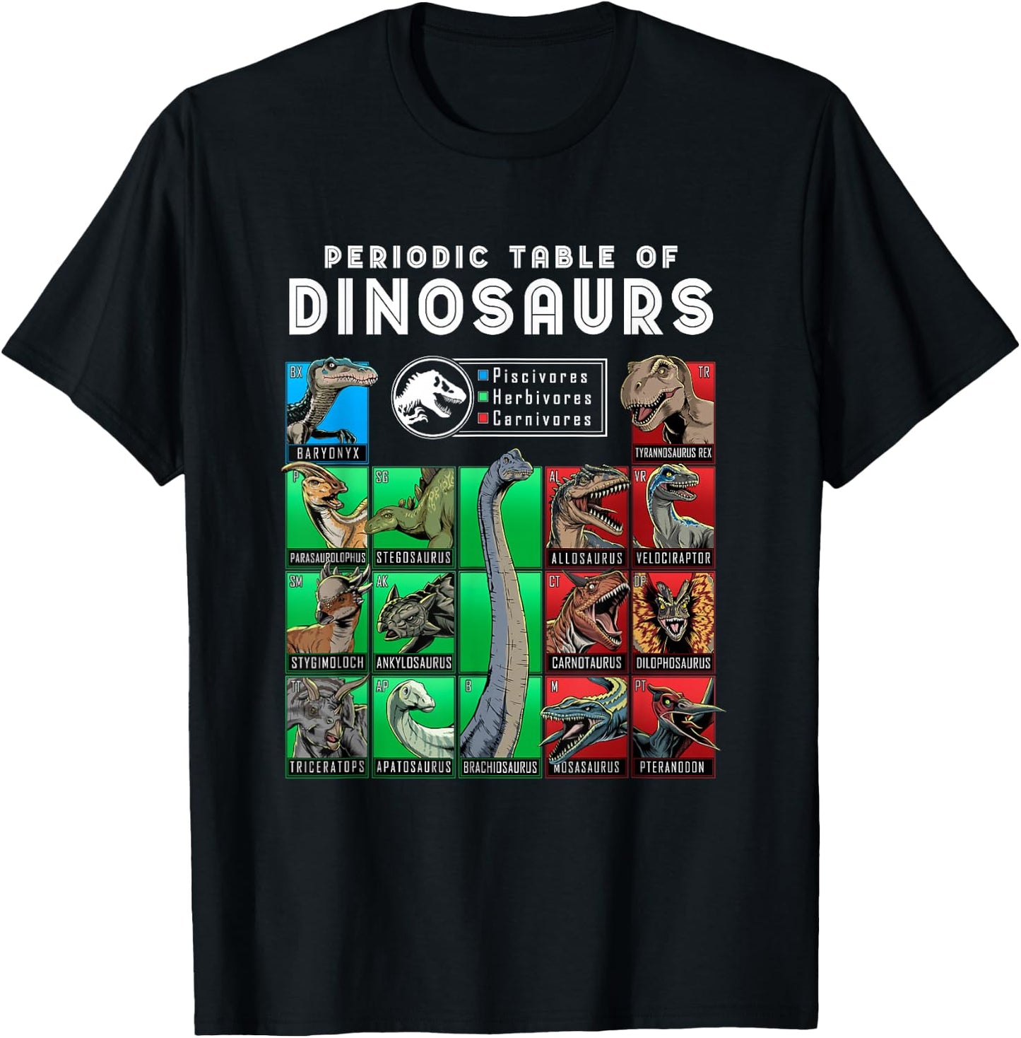 Jurassic World Neon Colorful Periodic Table Of Dinosaurs T-Shirt - T-Shirt | Black