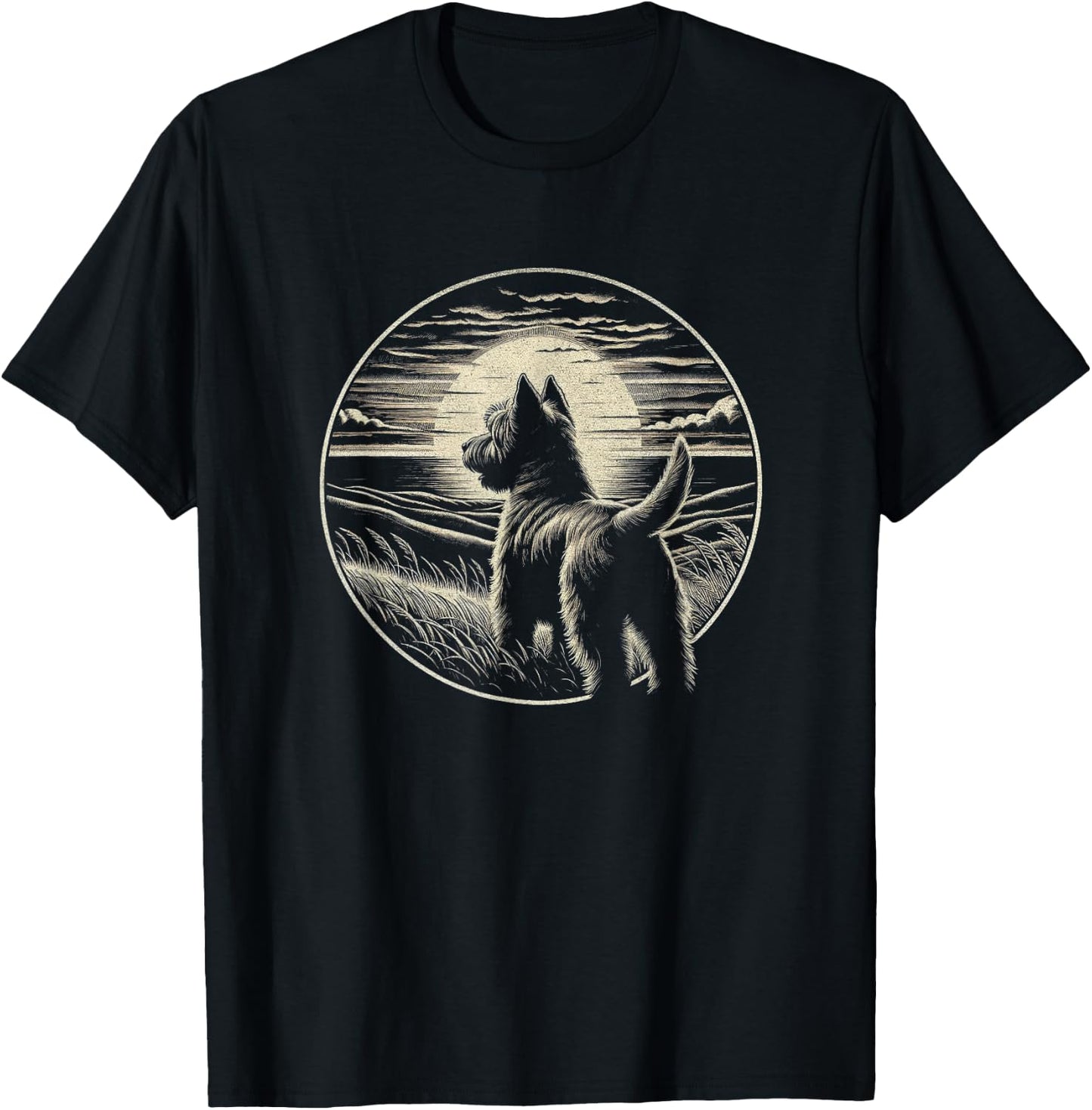 Vintage Cairn Terrier Dog Retro Sunset Scene Art Design T-Shirt - T-Shirt | Black
