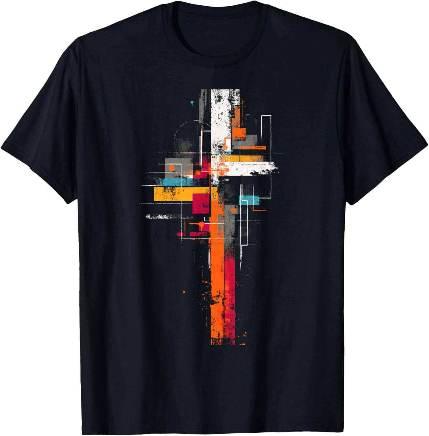 Grunge Abstract Geometric Cross, Orange Yellow Teal Graphic T-Shirt - T-Shirt | Black