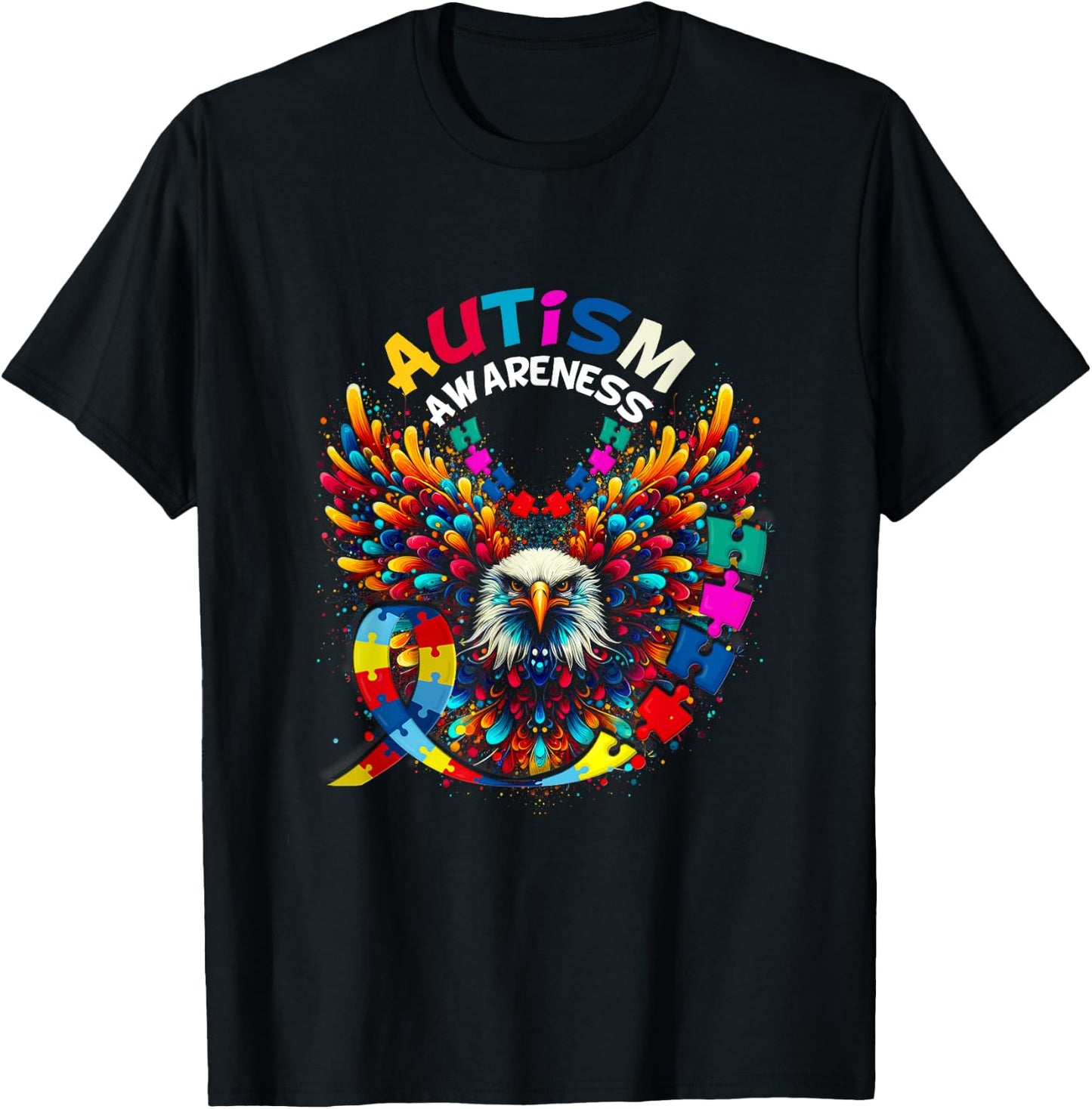 Autism Awareness Puzzle Pieces Eagle Family Health Support T-Shirt - T-Shirt | Black
