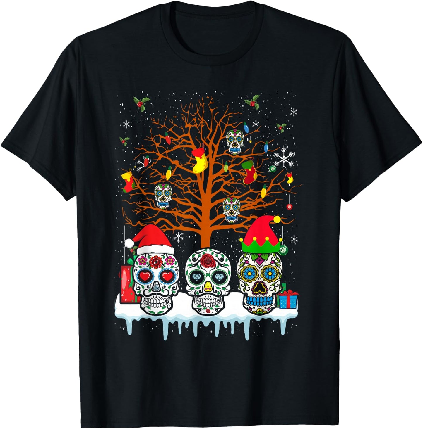 Christmas Sugar Skull On Tree Funny Santa Sugar Skull T-Shirt - T-Shirt | Black