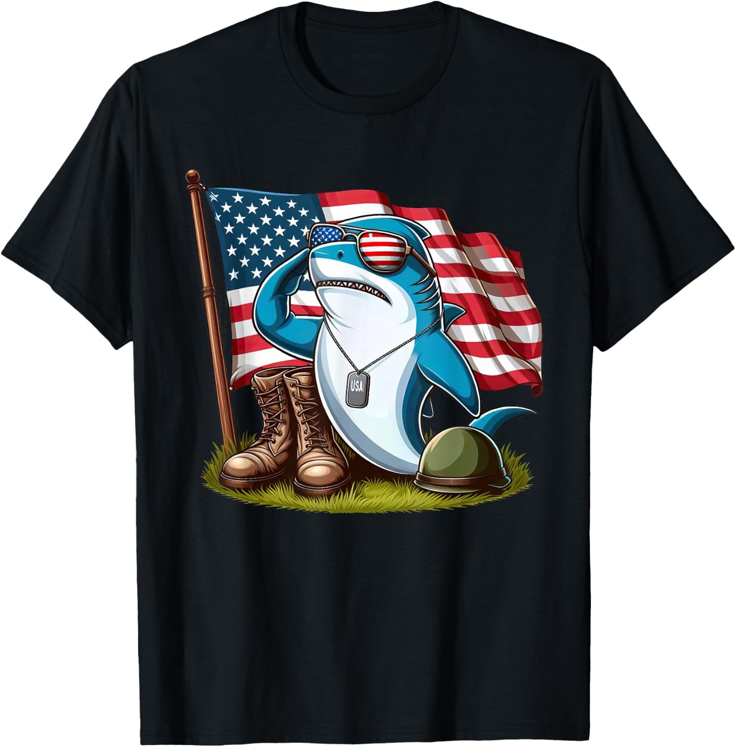 Salute Shark American USA Flag Memorial Day 4th of July T-Shirt - T-Shirt | Black
