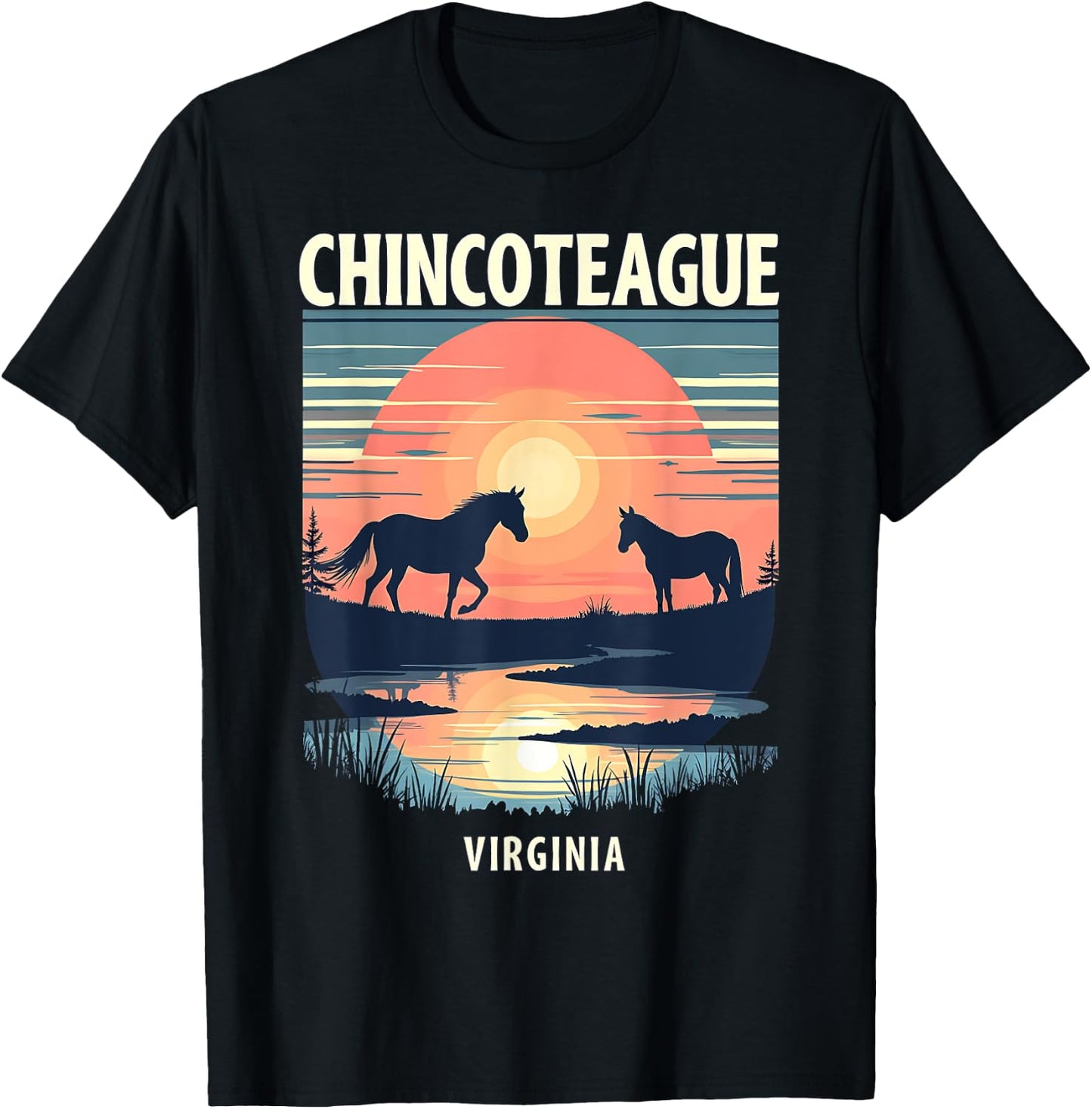 Retro Sunset Horse Silhouettes Chincoteague Virginia T-Shirt - T-Shirt | Black