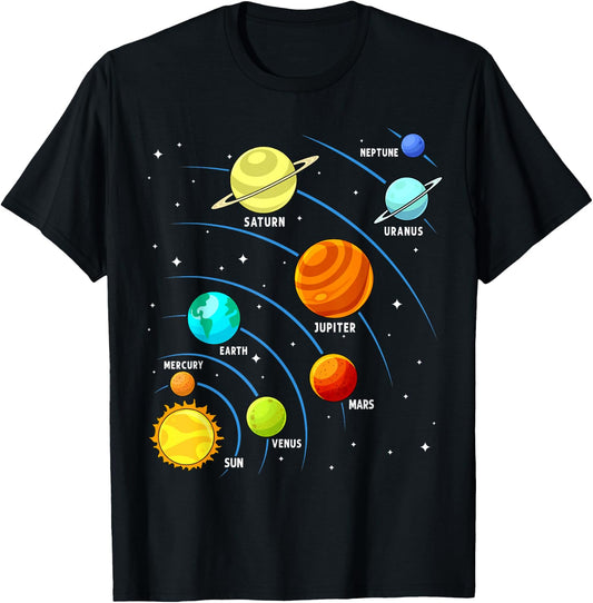 Kids Colorful Planets Solar Systems Boys Space Science T-Shirt - T-Shirt | Black