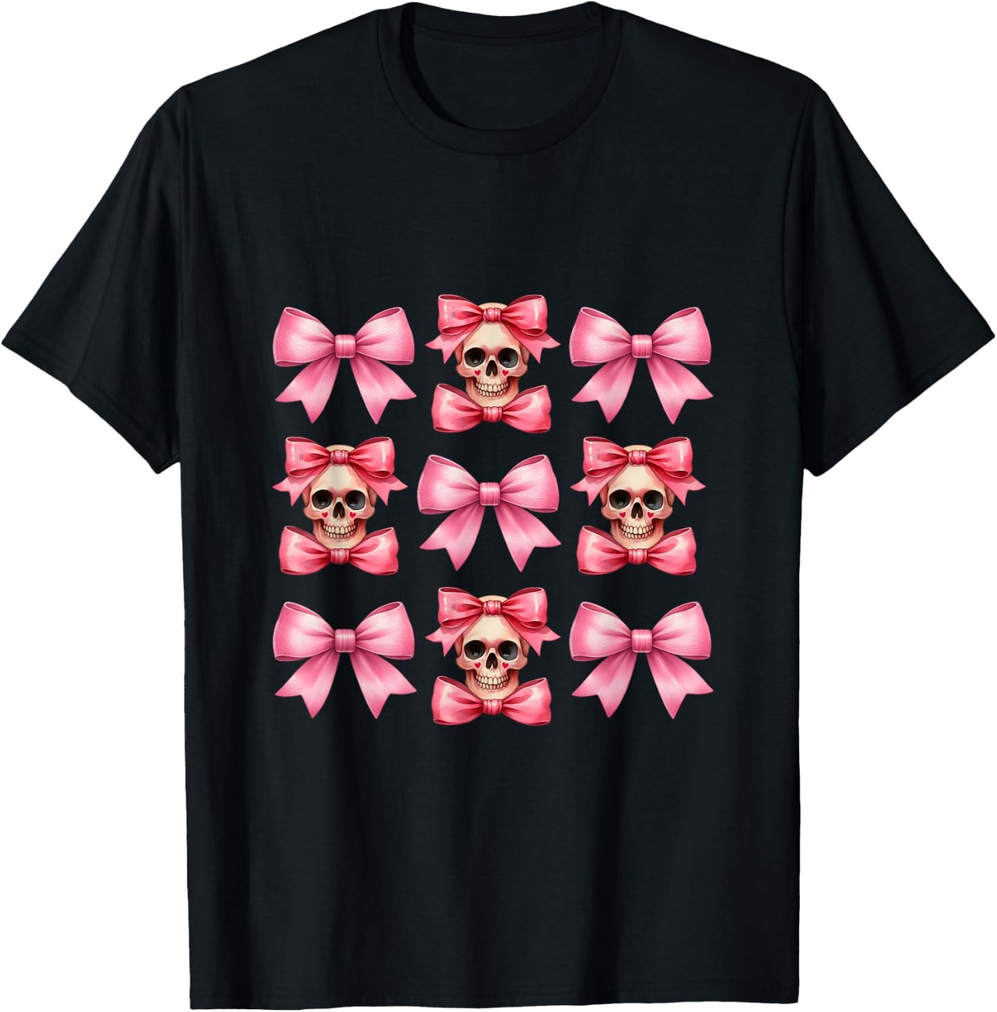Halloween Coquette Pink Bow Pink Mini Skull Squad T-Shirt - T-Shirt | Black