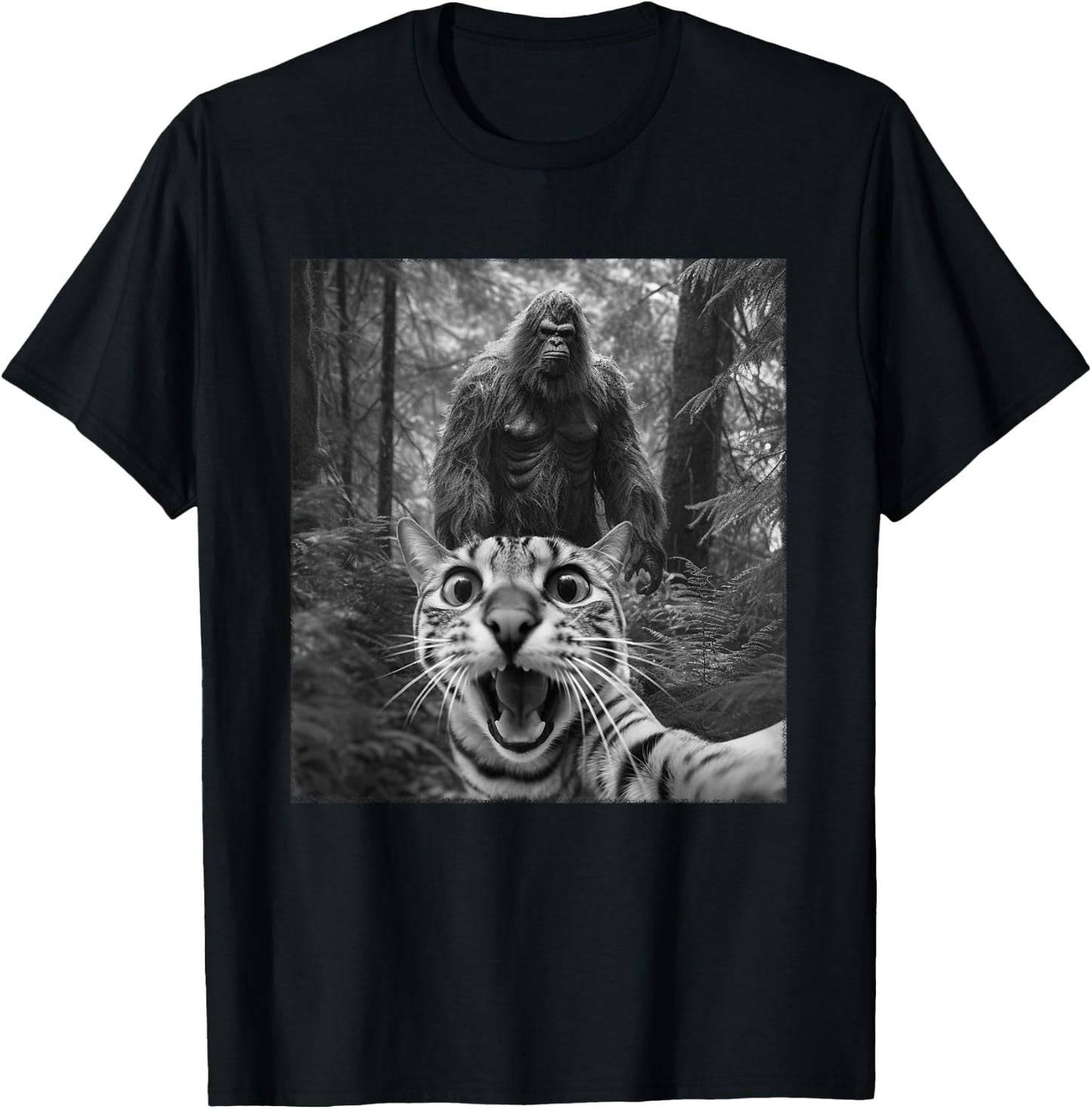 Surprised Scared Cat Selfie With Sasquatsch Bigfoot Meme Women Kids T-Shirt - T-Shirt | Black