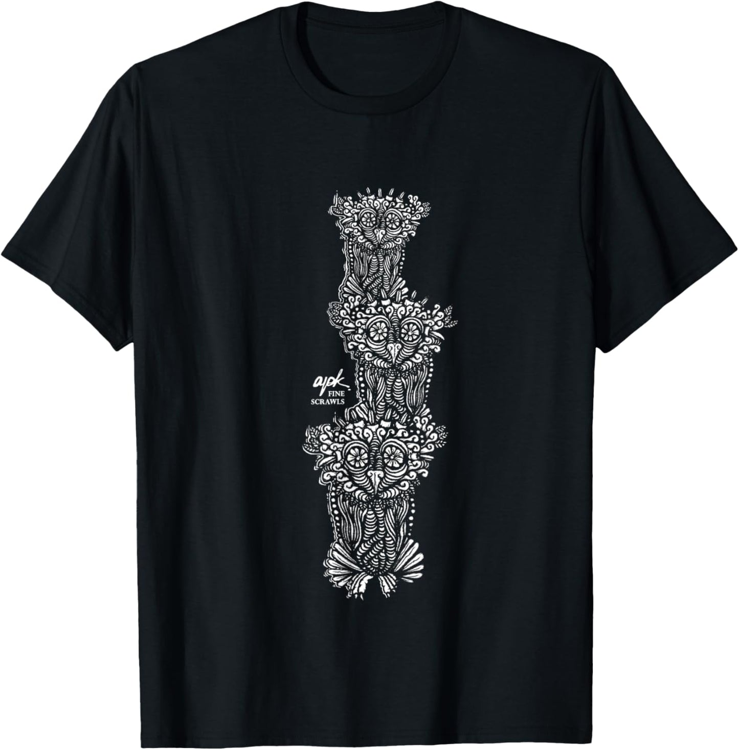 Owl Art Three Birds Drawing T-Shirt - T-Shirt | Black