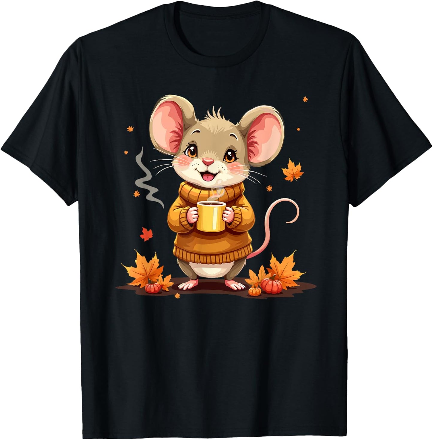 Cute Mouse With Sweater Autumn Graphic T-Shirt - T-Shirt | Black