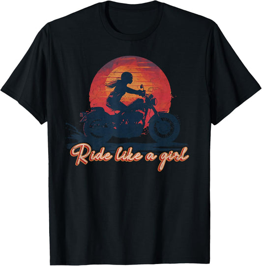 Ride Like a Girl Vintage Sunset Motorcycle lover Girl T-Shirt - T-Shirt | Black