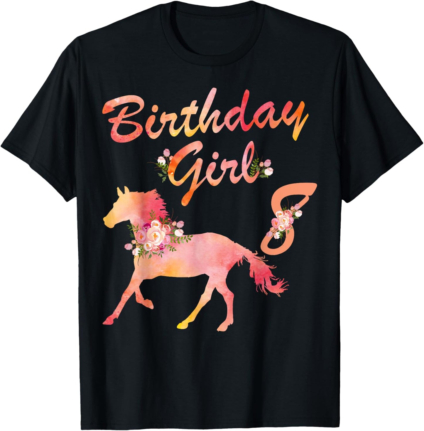 Horse Lover 8th Birthday For Girls Love Horses 8 Years Old T-Shirt - T-Shirt | Black