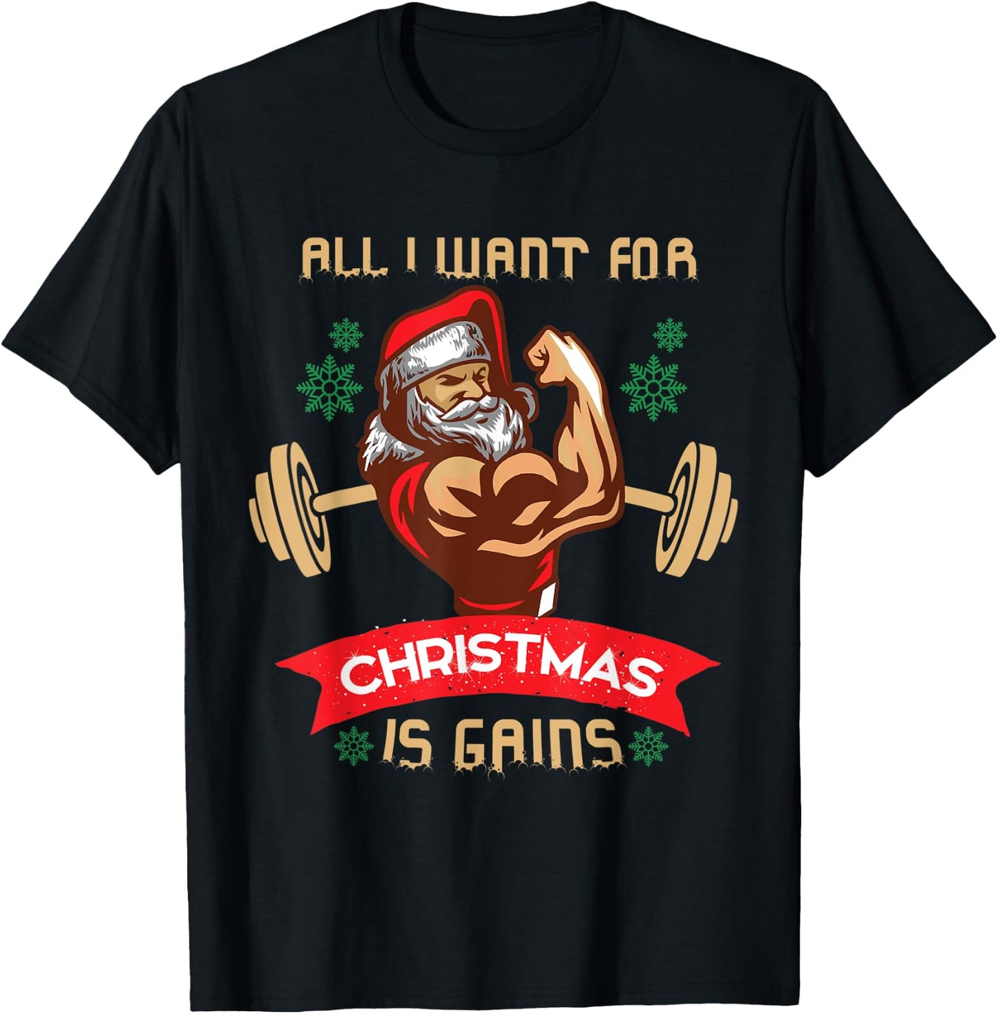 All I Want For Christmas Is Gains Gym Workout Santa Print T-Shirt - T-Shirt | Black