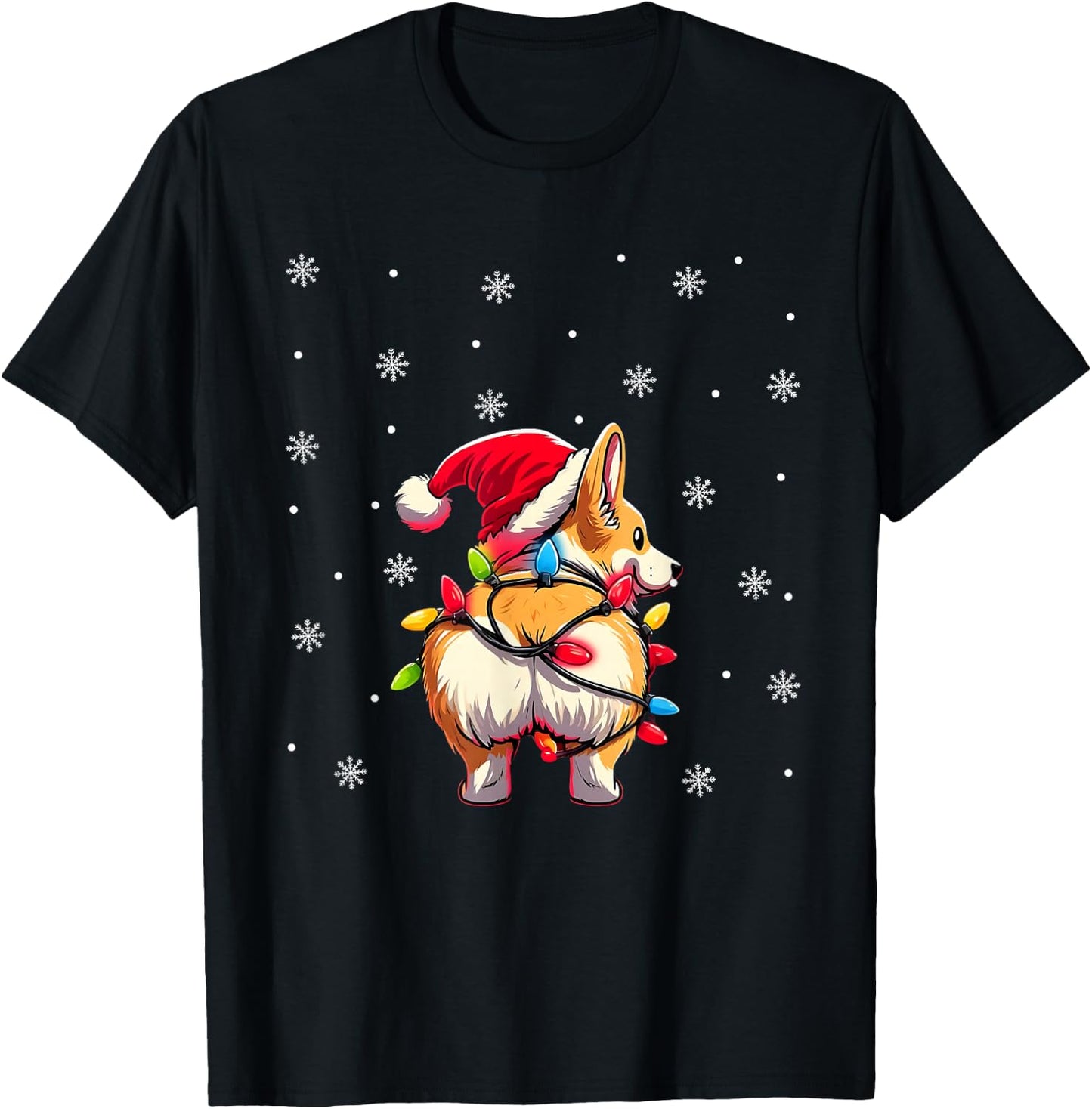 Corgi Butt Funny Santa Hat Christmas Snowflakes Lights T-Shirt - T-Shirt | Black