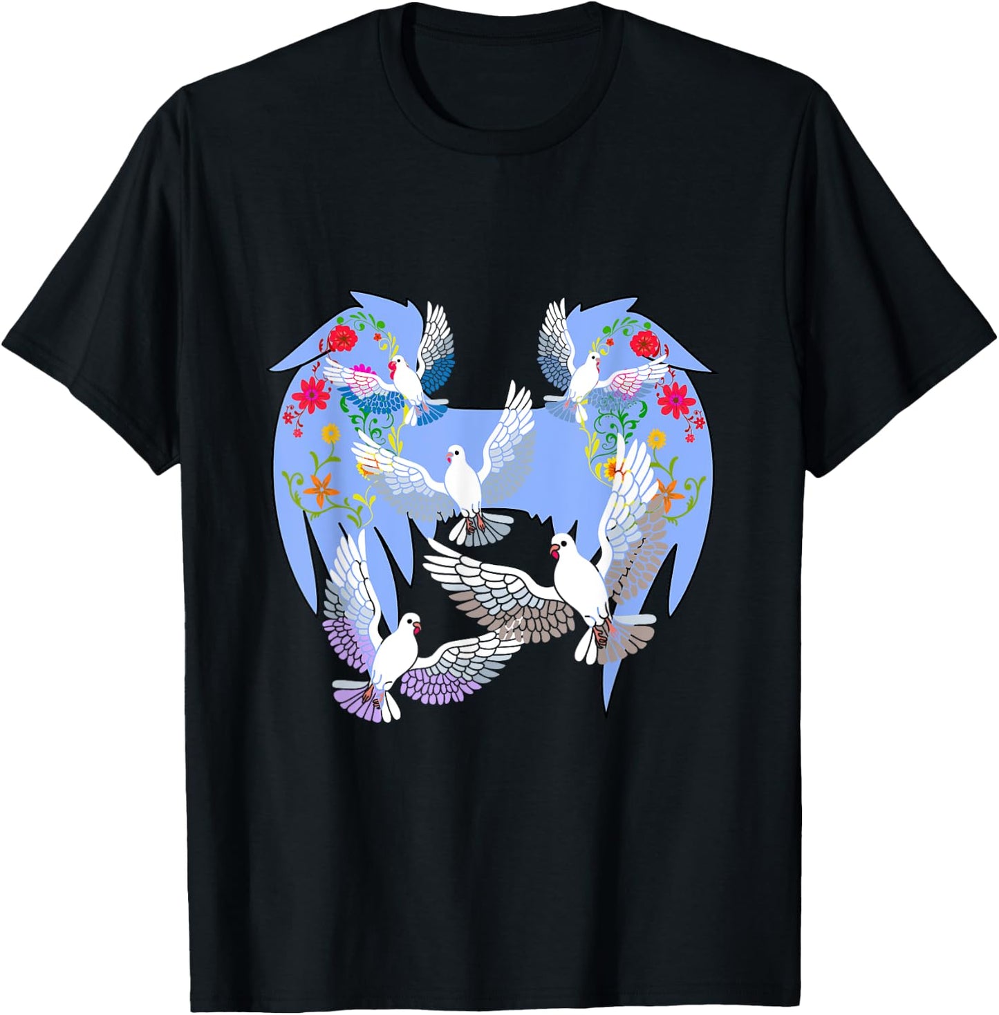 Angel Wings Doves Natural Flowers Peace Doves Peace T-Shirt - T-Shirt | Black