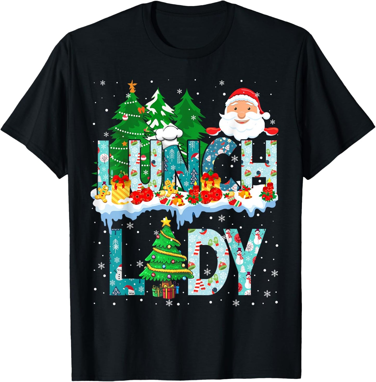 Lunch Lady Christmas Tree Santa Matching Xmas Lunch Lady T-Shirt - T-Shirt | Black
