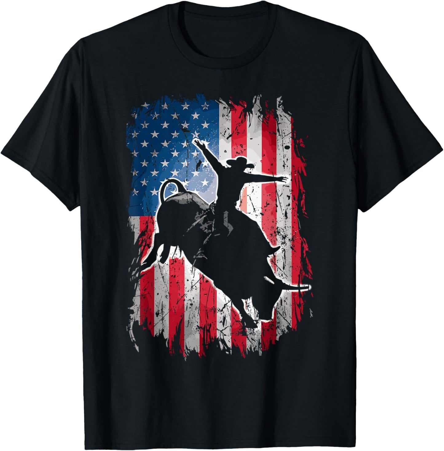 Rodeo Rider Bull USA Flag American Patriotic Cowboys T-Shirt - T-Shirt | Black
