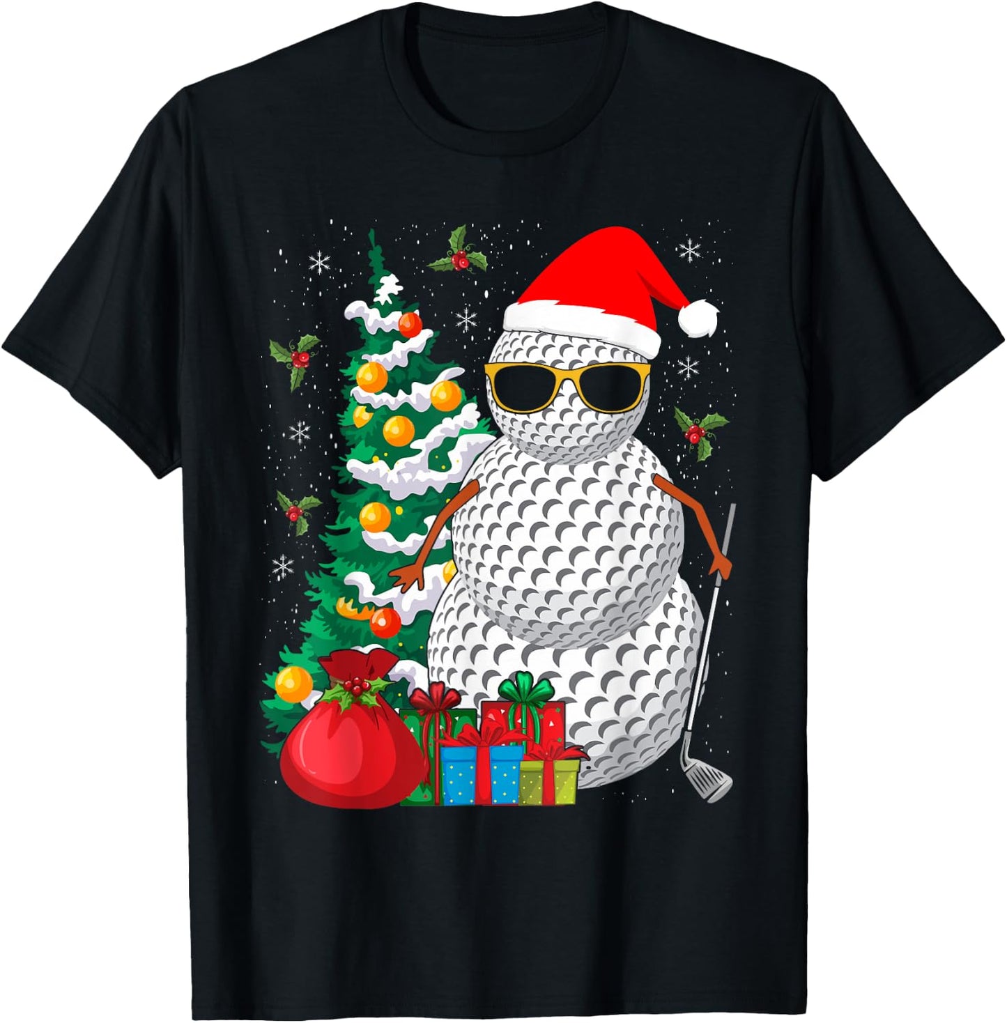 Santa Snowman Golf Ball Christmas Golfer T-Shirt - T-Shirt | Black