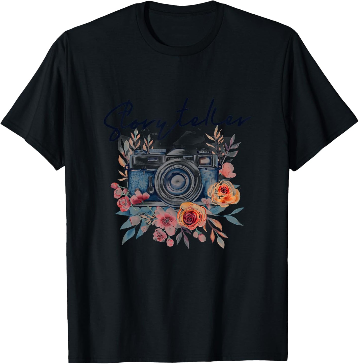 Photographer Storyteller Vintage Camera Flowers Photography T-Shirt - T-Shirt | Black