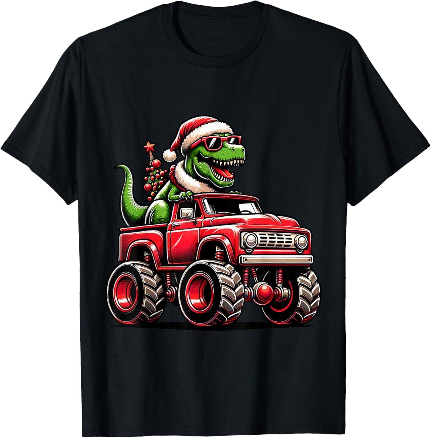 Christmas T Rex Monster Truck Boys Dinosaur Santa Xmas Funny T-Shirt - T-Shirt | Black
