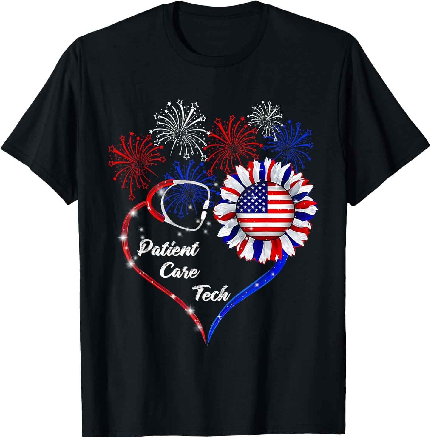 American Flag July 4th Firework Sunflower Patient Care Tech T-Shirt - T-Shirt | Black
