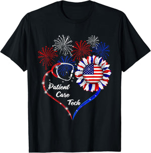 American Flag July 4th Firework Sunflower Patient Care Tech T-Shirt - T-Shirt | Black