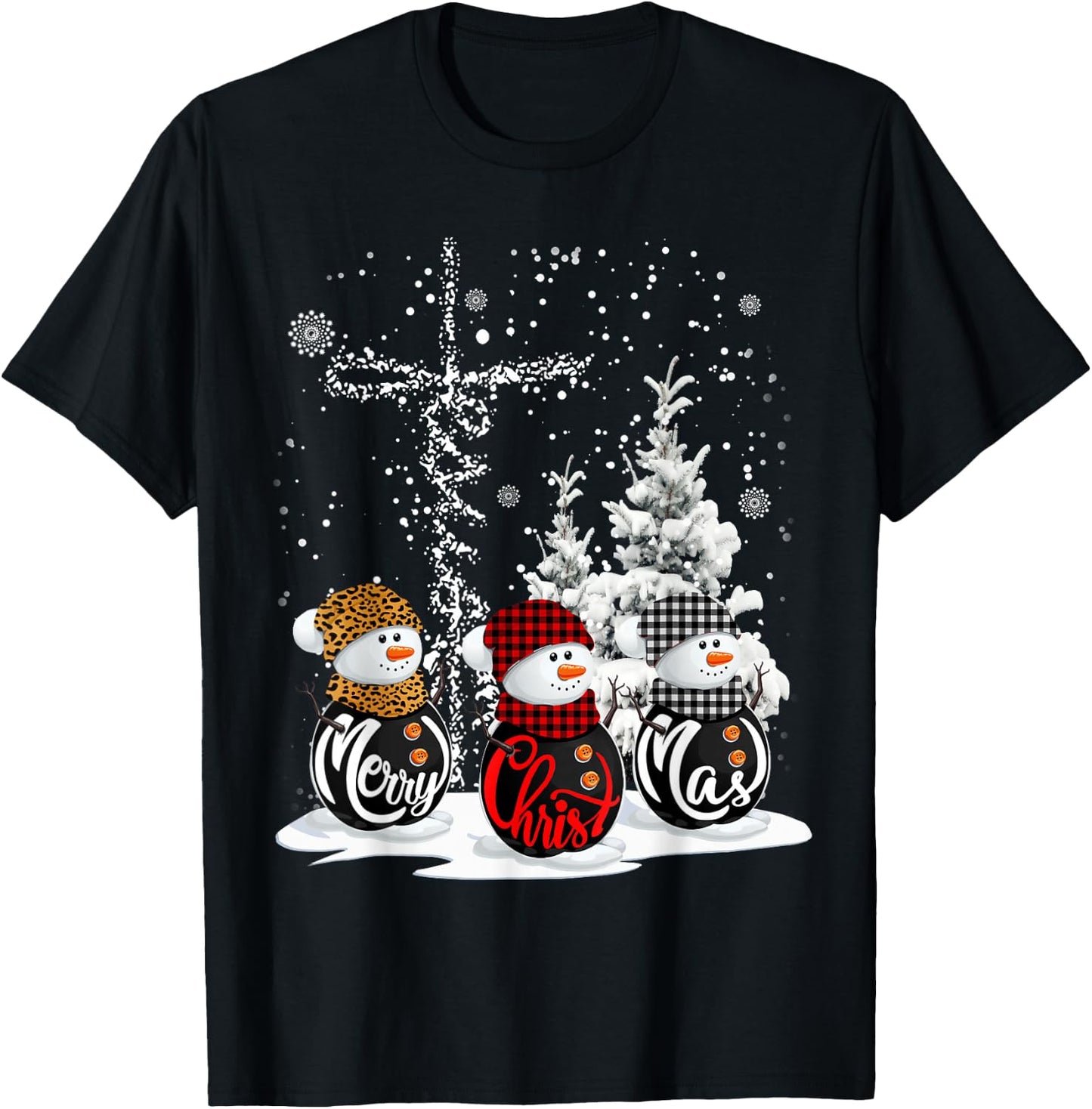 Merry Christmas Snowman Leopard Buffalo Red Plaid Men Women T-Shirt - T-Shirt | Black