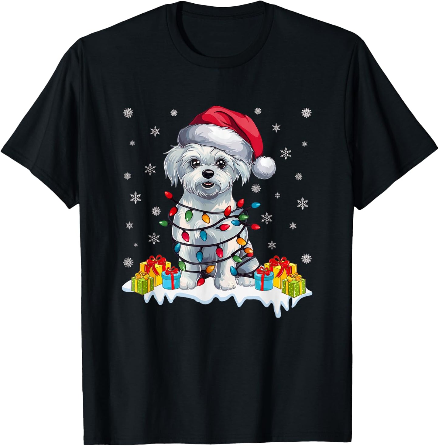 Xmas Lighting Maltese Dog Wearing Santa Hat Ugly Christmas T-Shirt - T-Shirt | Black