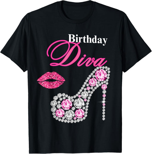 Hot Pink Lips Gifts High Heel Afro Diva Birthday Melanin T-Shirt - T-Shirt | Black