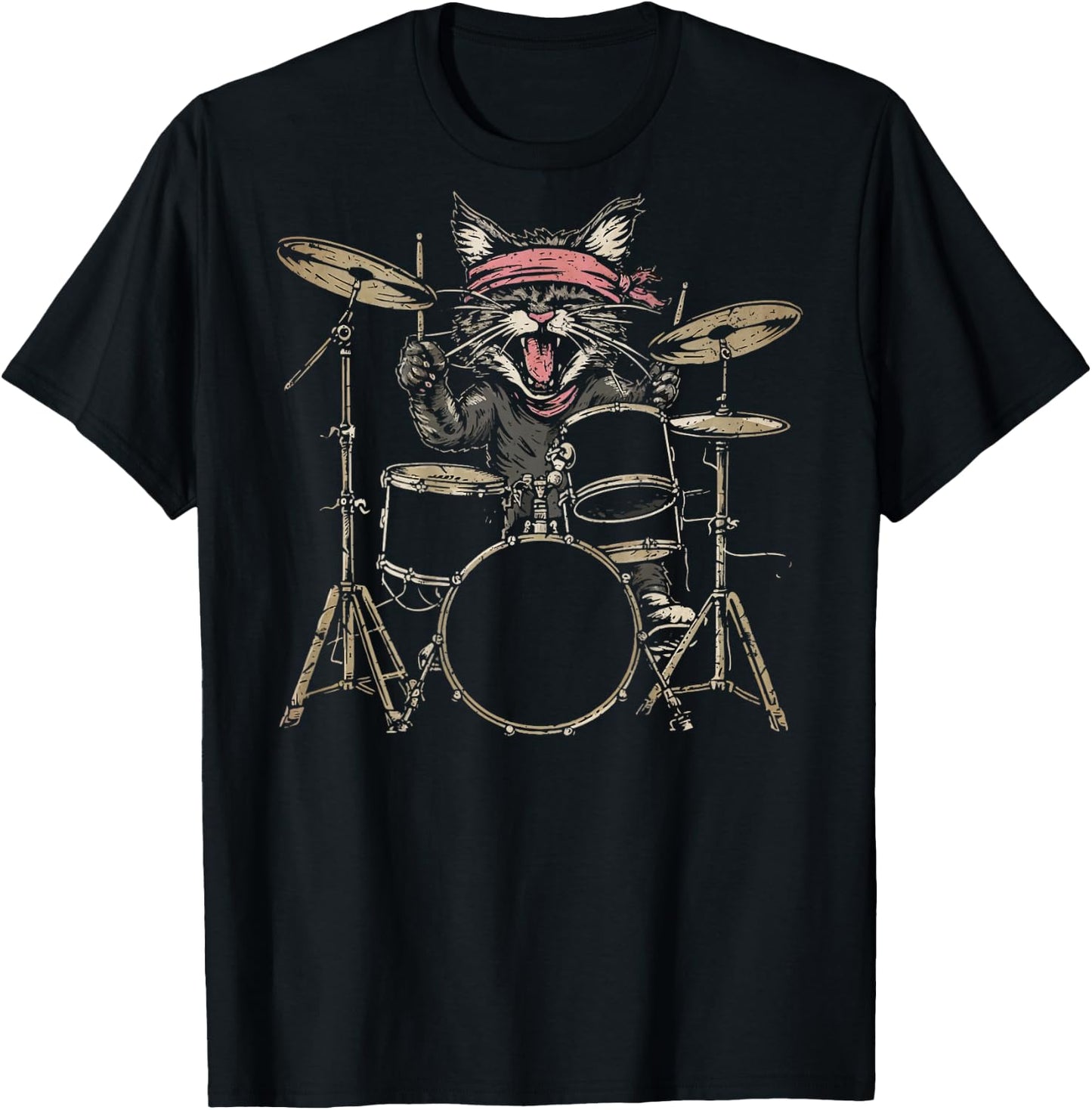 Rock and Roll Cat Drum Vintage ROCK Cat Drummer (ART BACK) Men Women Kids T-Shirt - T-Shirt | Black