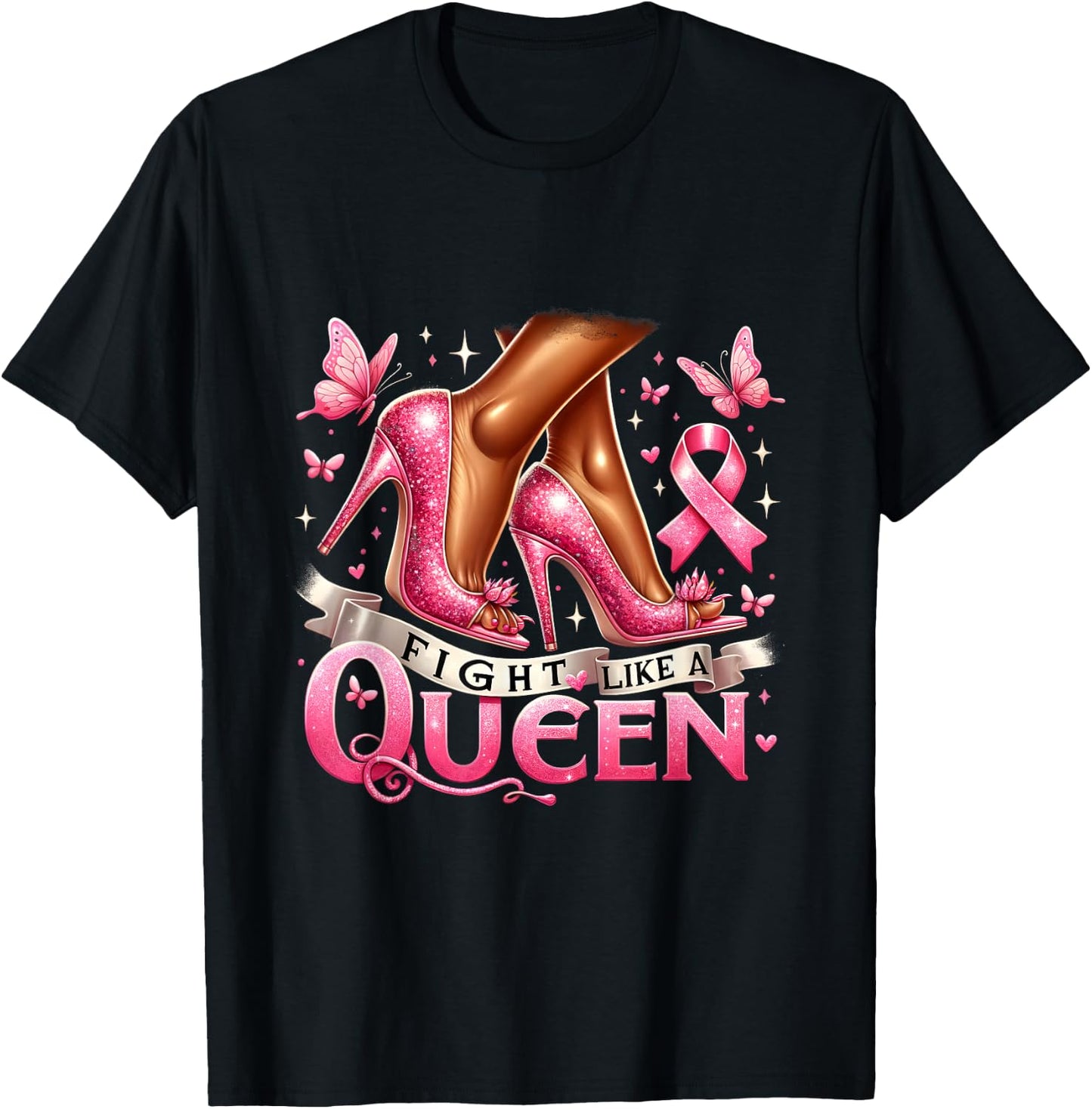 Black Queen Woman Fight Like A Queen Breast Cancer Awareness T-Shirt - T-Shirt | Black
