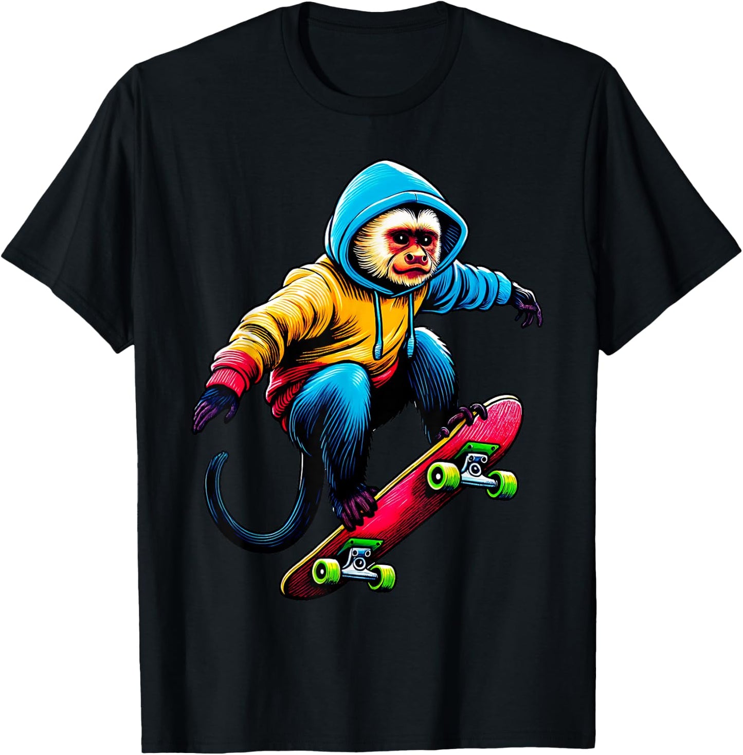 Cool Funky Capuchin Monkey Skateboarding Illustration Art T-Shirt - T-Shirt | Black
