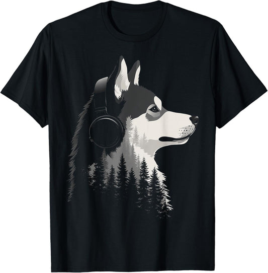 Siberian Husky Dog Pet Music Headphone Siberian Husky T-Shirt - T-Shirt | Black
