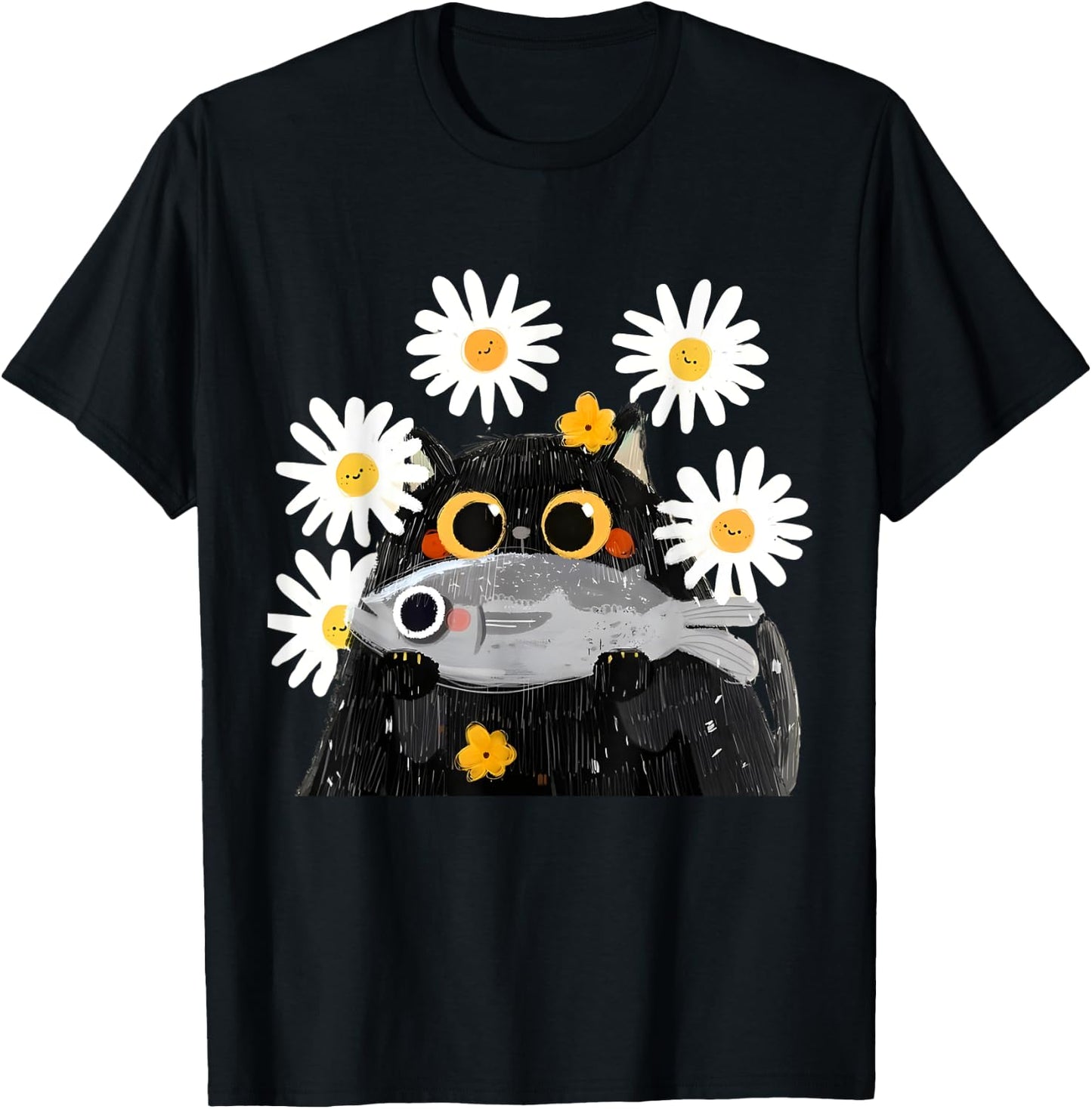 Cute Cat Holding Fish Cat Fish Lover Floral Cat Funny Kitty T-Shirt - T-Shirt | Black